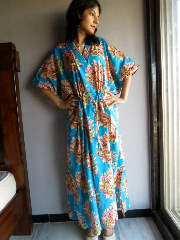 Blue Floral Posy V-Neck, Ankle Length, Cinched Waist Caftan