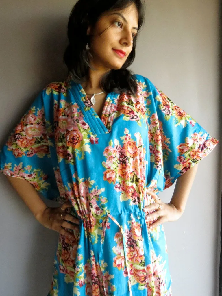 Blue Floral Posy V-Neck, Ankle Length, Cinched Waist Caftan