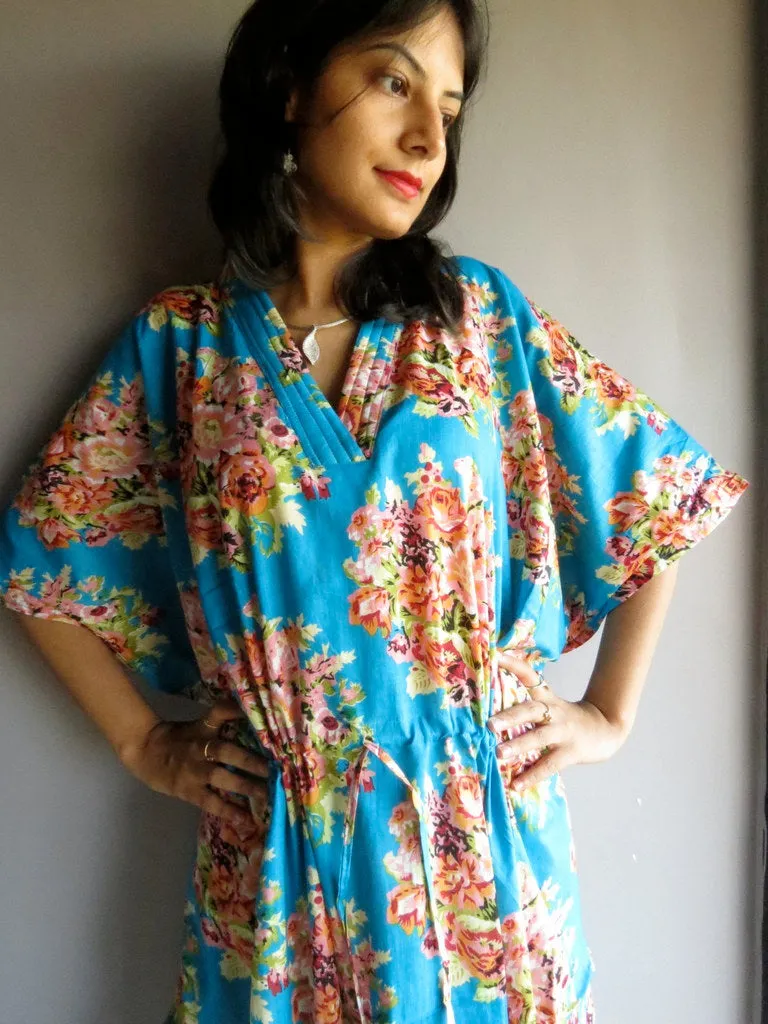 Blue Floral Posy V-Neck, Ankle Length, Cinched Waist Caftan