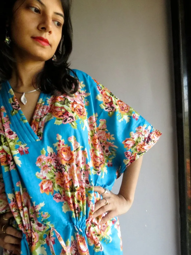 Blue Floral Posy V-Neck, Ankle Length, Cinched Waist Caftan