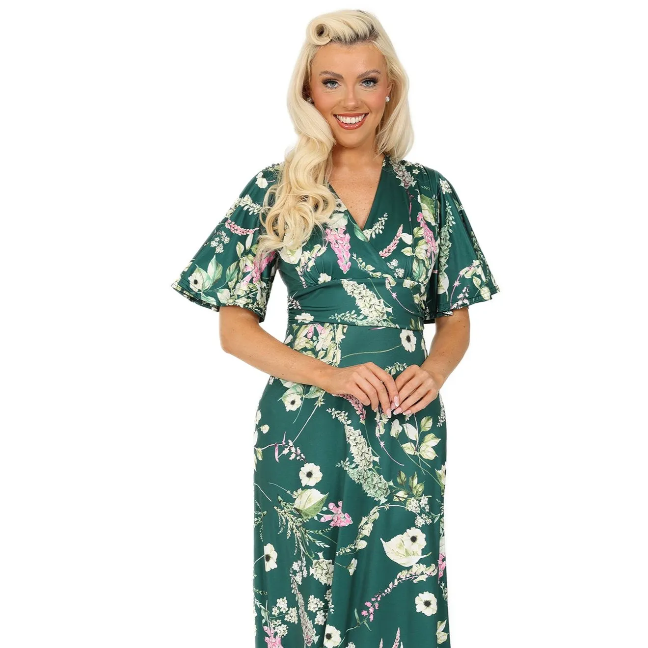 Blue Floral Print Waterfall Sleeve Maxi Dress