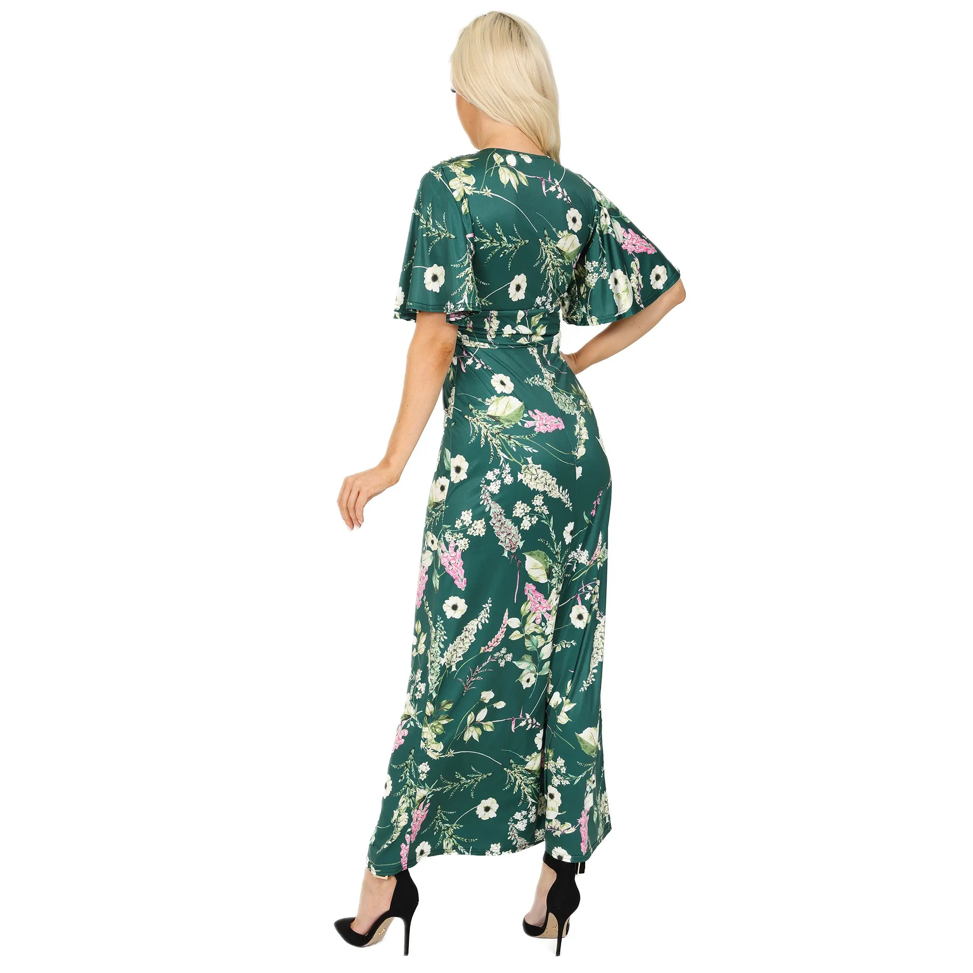 Blue Floral Print Waterfall Sleeve Maxi Dress