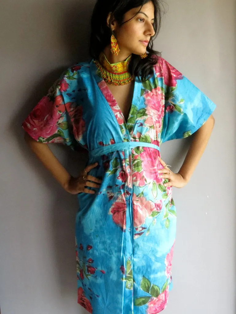 Blue Fuchsia Flowers V-Neck Full Button Down, Knee Length, Belted Caftan-E1 fabric Code