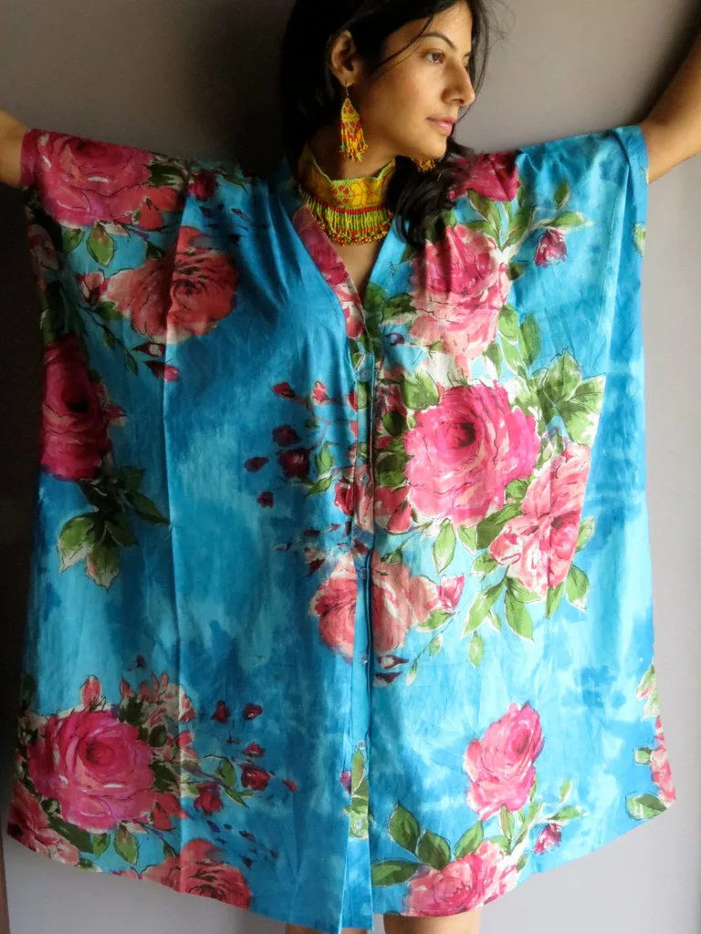 Blue Fuchsia Flowers V-Neck Full Button Down, Knee Length, Belted Caftan-E1 fabric Code