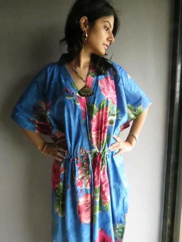 Blue Fuchsia Large Floral Blossom V-Neck Button Down to Waist, Ankle Length, Cinched Waist Caftan