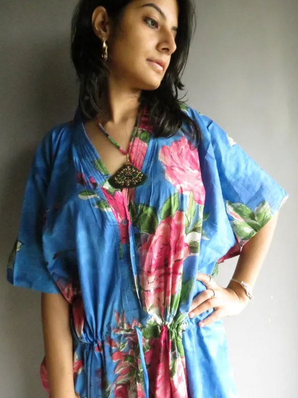 Blue Fuchsia Large Floral Blossom V-Neck Button Down to Waist, Ankle Length, Cinched Waist Caftan