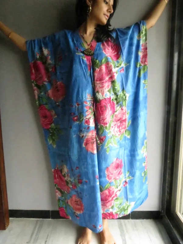 Blue Fuchsia Large Floral Blossom V-Neck Button Down to Waist, Ankle Length, Cinched Waist Caftan