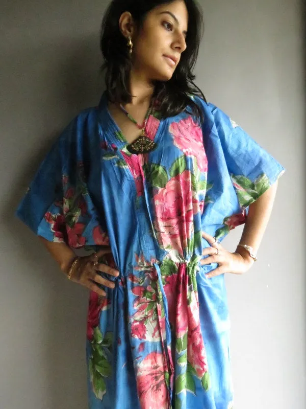 Blue Fuchsia Large Floral Blossom V-Neck Button Down to Waist, Ankle Length, Cinched Waist Caftan