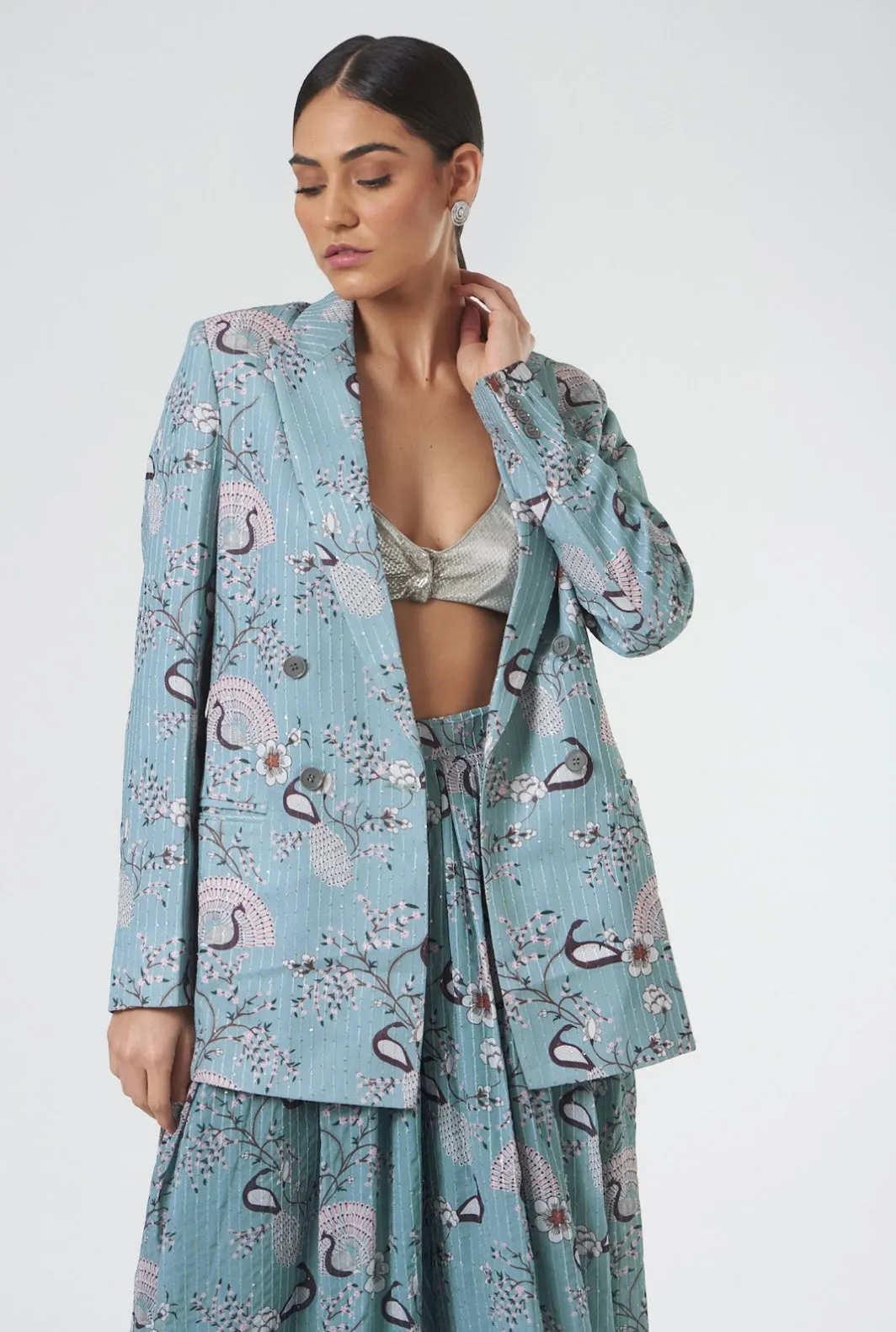 Blue Printed Women's Formal Blazer