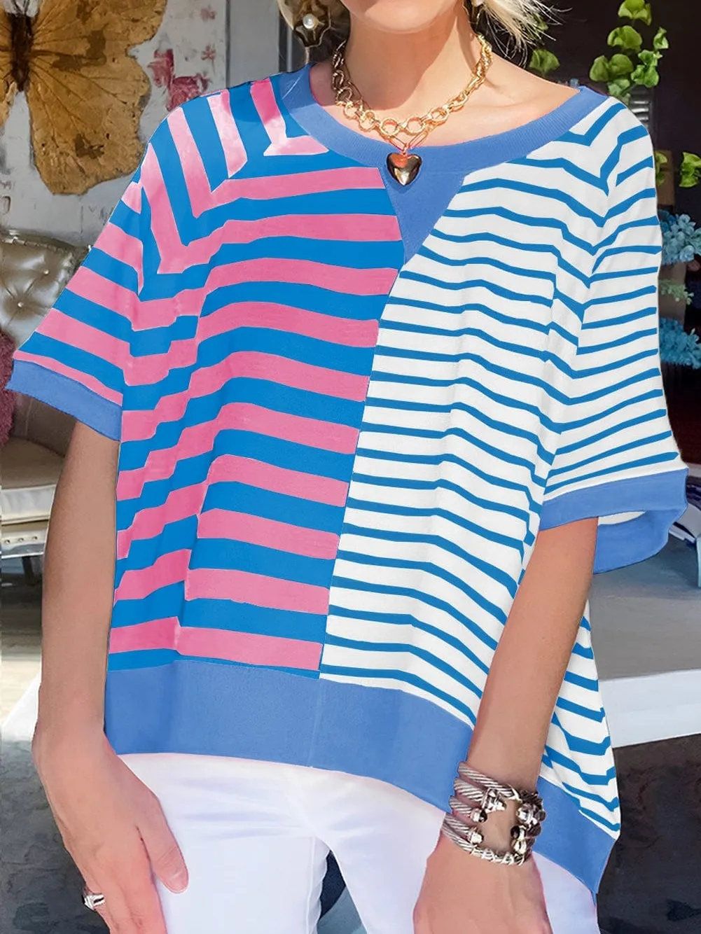 Blue Striped Oversized T Shirt with Color Block Contrast