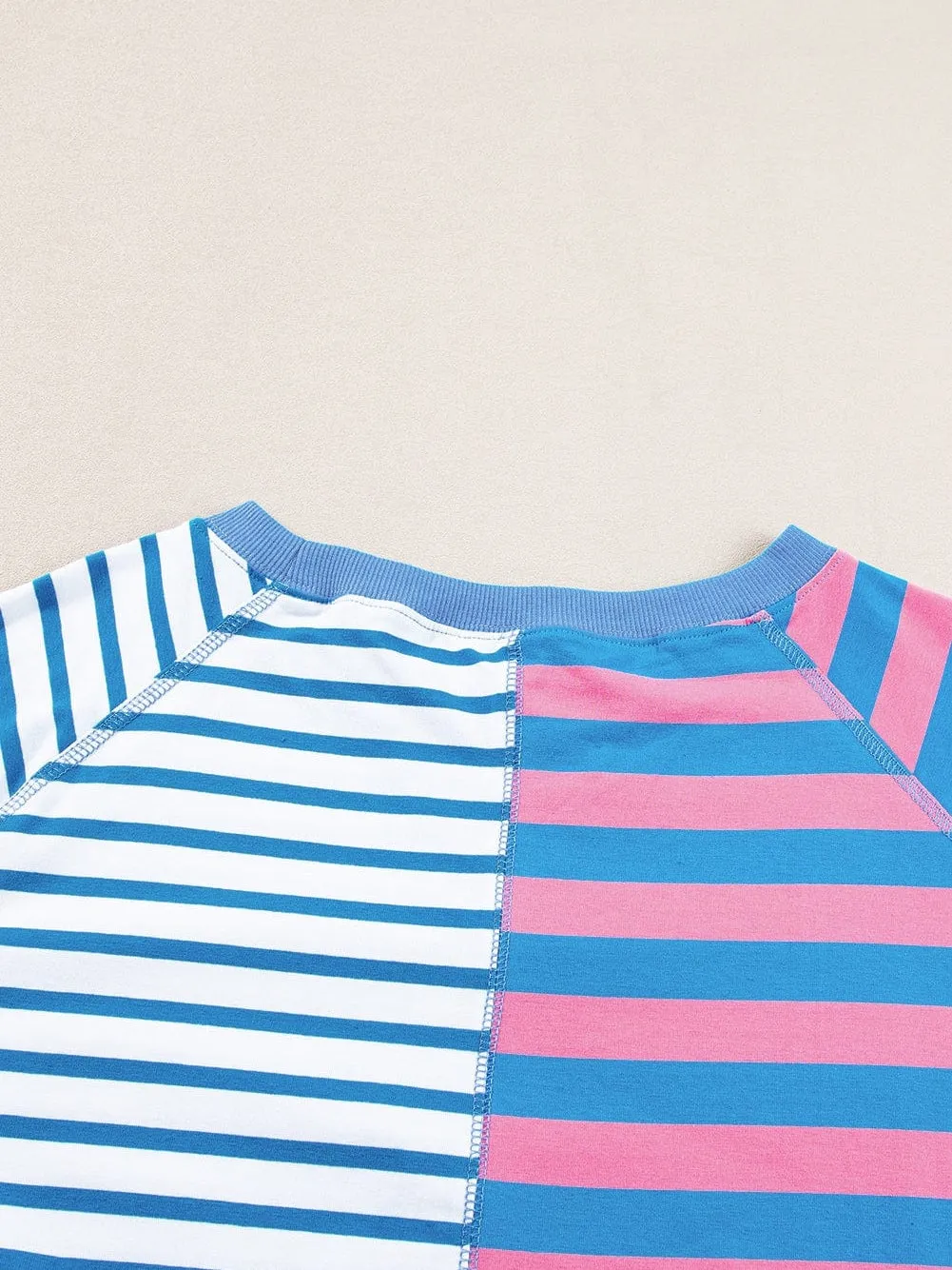 Blue Striped Oversized T Shirt with Color Block Contrast