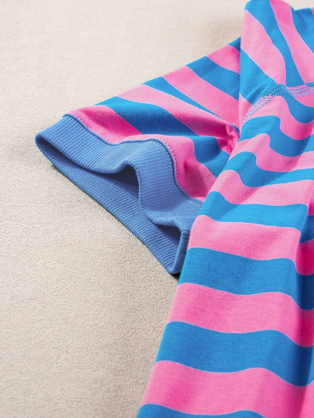 Blue Striped Oversized T Shirt with Color Block Contrast