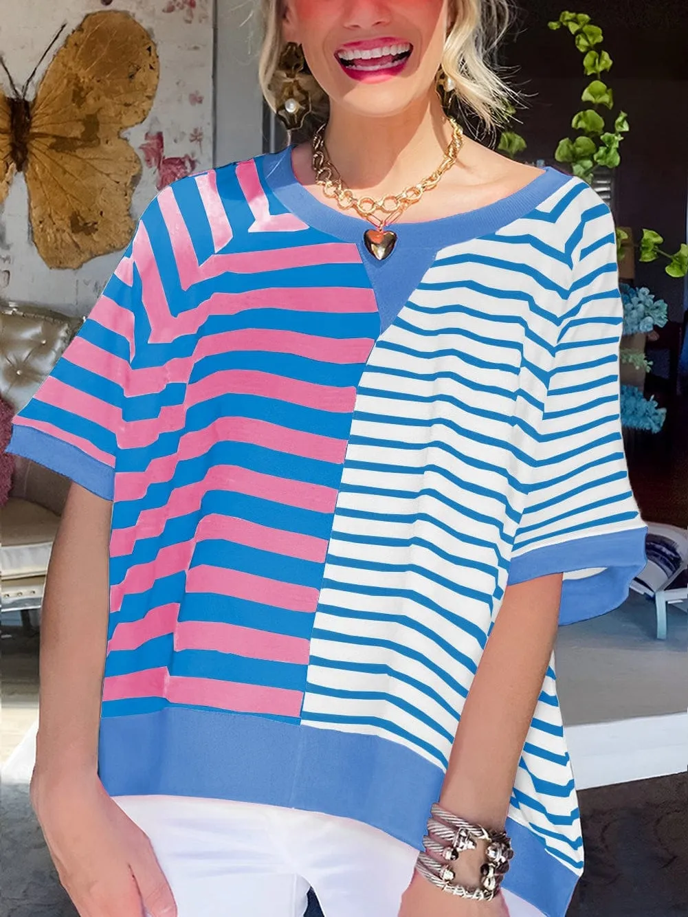 Blue Striped Oversized T Shirt with Color Block Contrast