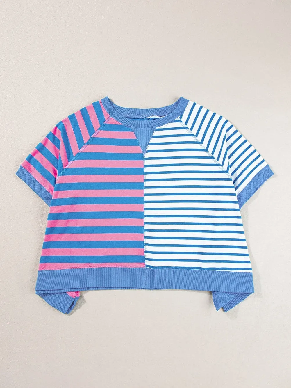 Blue Striped Oversized T Shirt with Color Block Contrast