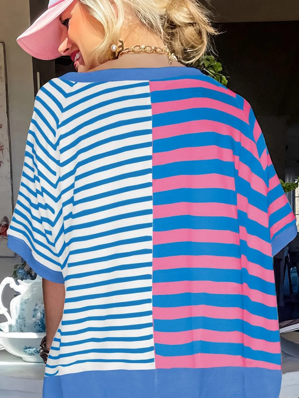 Blue Striped Oversized T Shirt with Color Block Contrast