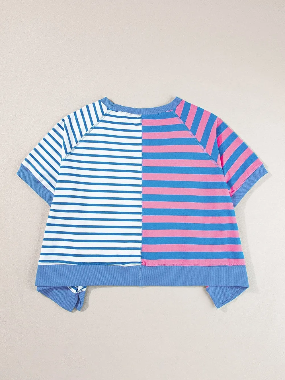 Blue Striped Oversized T Shirt with Color Block Contrast