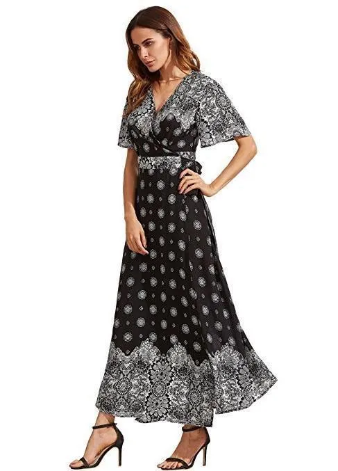 Bohemia Floral Side Split with Tie Short Sleeve Maxi Dress