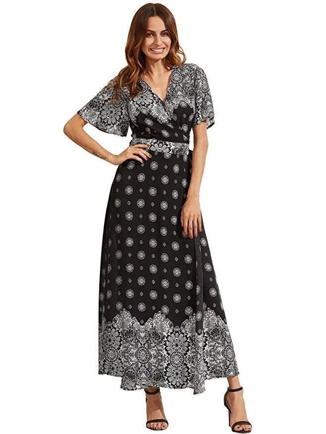 Bohemia Floral Side Split with Tie Short Sleeve Maxi Dress