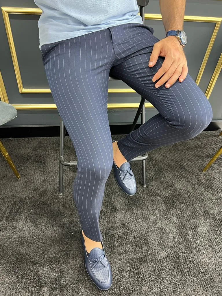 Bojoni Uluwatu Slim Fit Dark Blue Striped Trouser