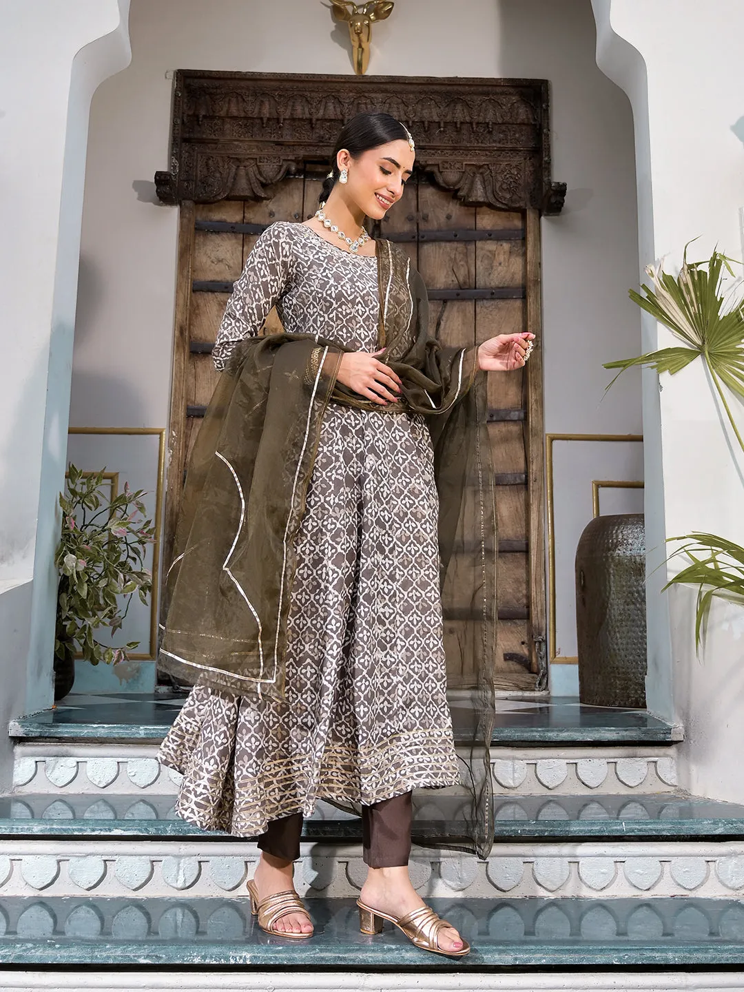 Brown Asymmetric Print Muslin Anarkali Kurta Pant With Dupatta Set