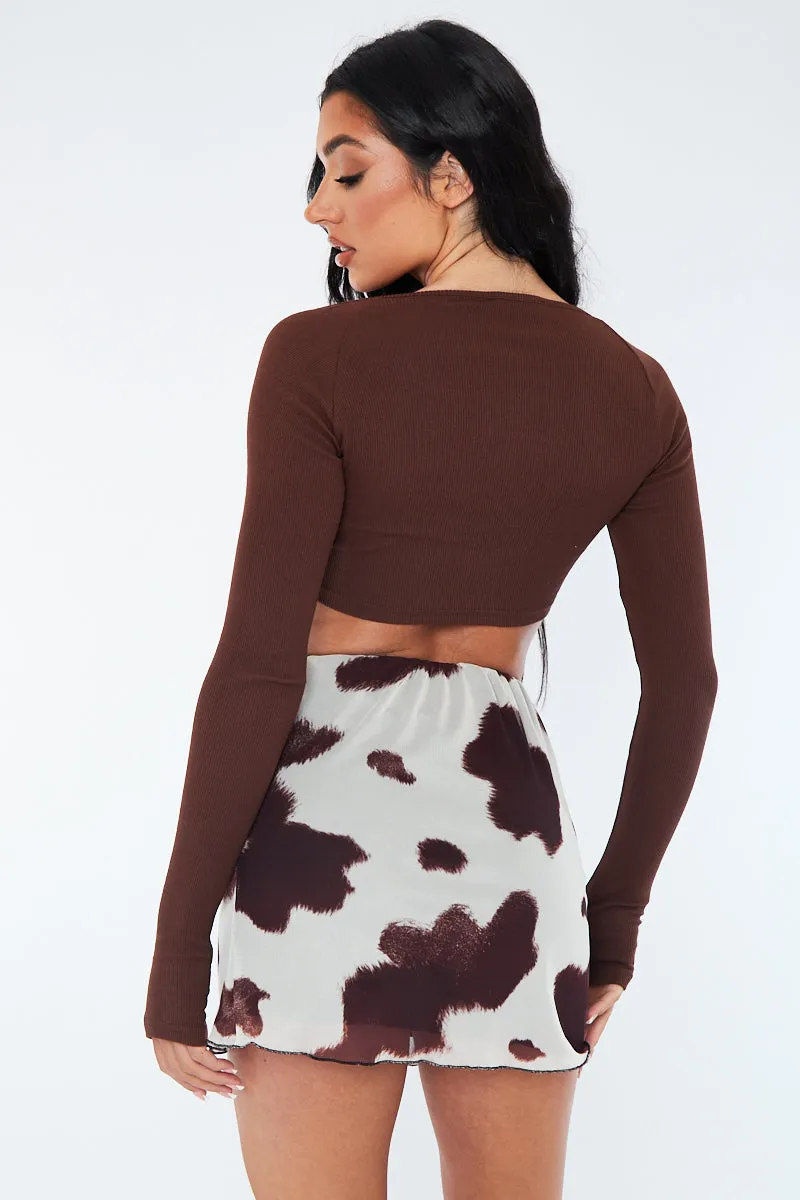 Brown Cow Print Mesh Mini Skirt - Cianna