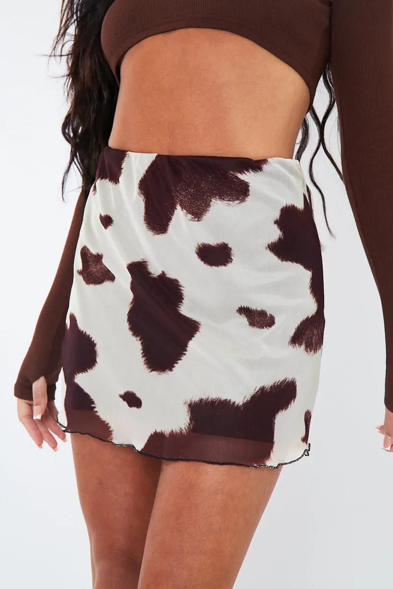 Brown Cow Print Mesh Mini Skirt - Cianna