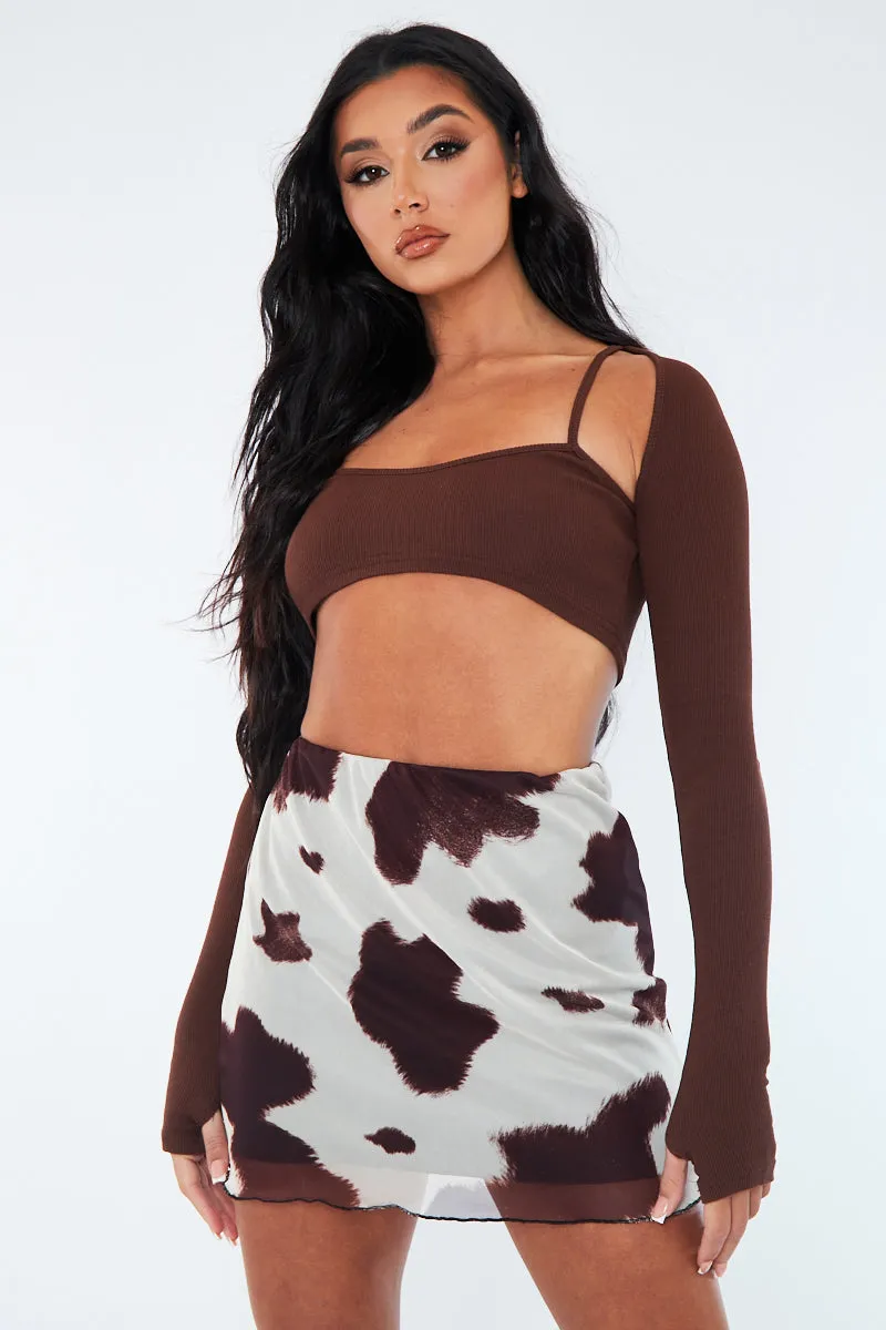 Brown Cow Print Mesh Mini Skirt - Cianna