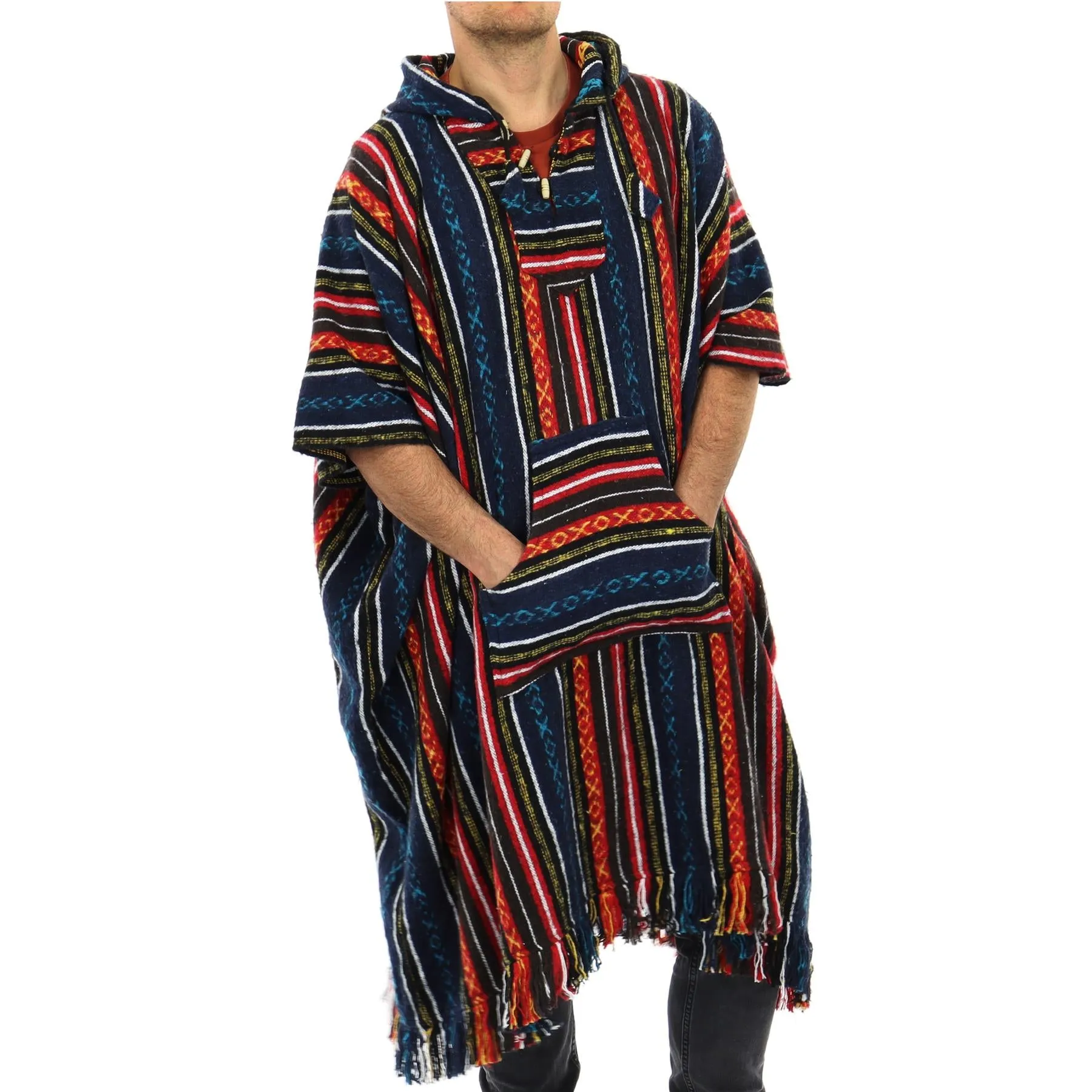 Brushed Cotton Long Hooded Poncho - Blue Red