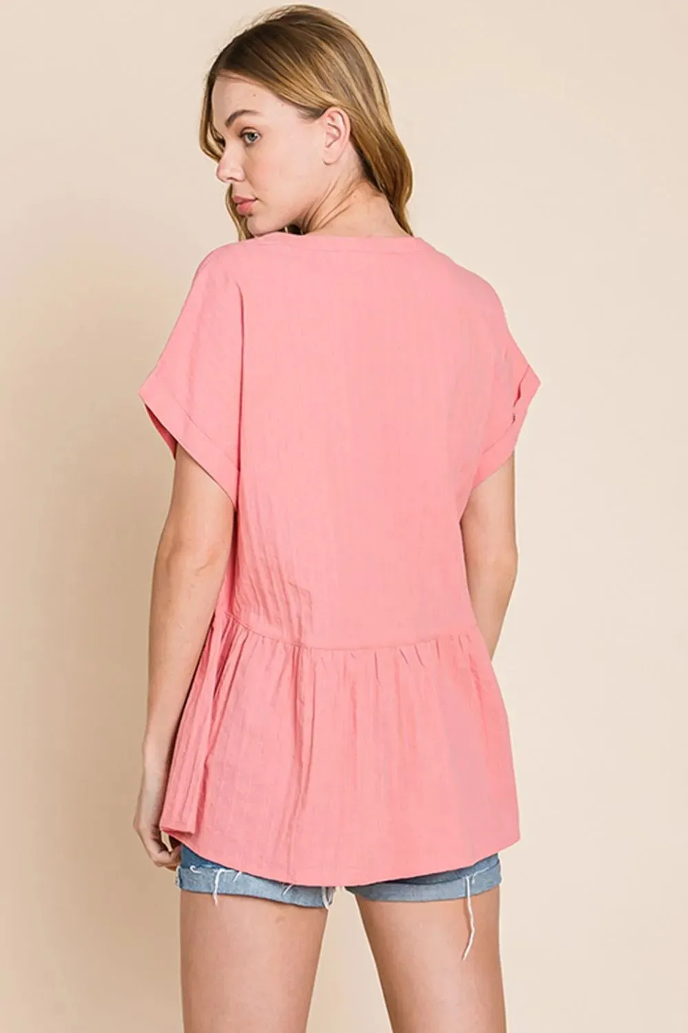 by Nu Label Notched Short Sleeve Peplum Top