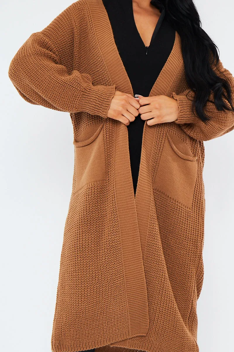 Camel Longline Relaxed Fit Front Pockets Cardigan - Leah