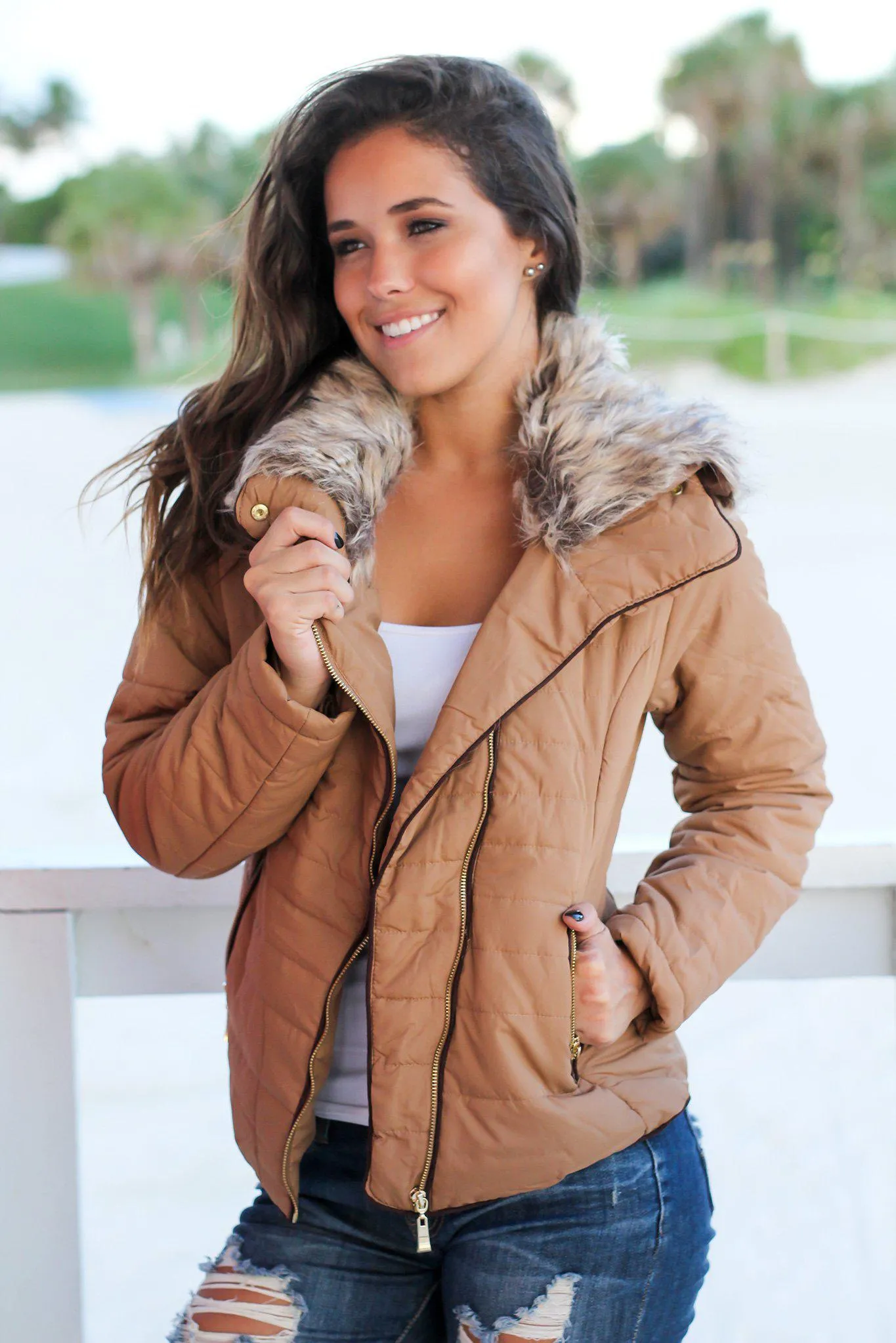 Camel Quilted Jacket with Side Zipper