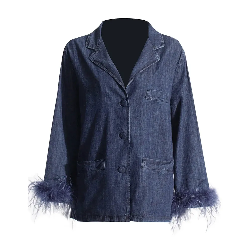 Casual Patchwork Feather Denim Coat For Women Notched Collar Long Sleeve Spliced Single Breasted Loose Coats Female