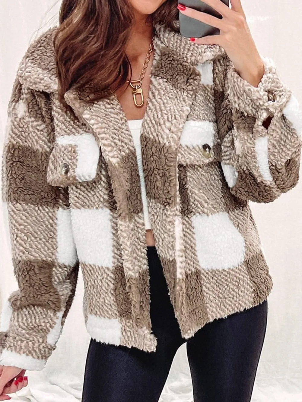 Casual Plaid Sherpa Jacket for Fall/Winter