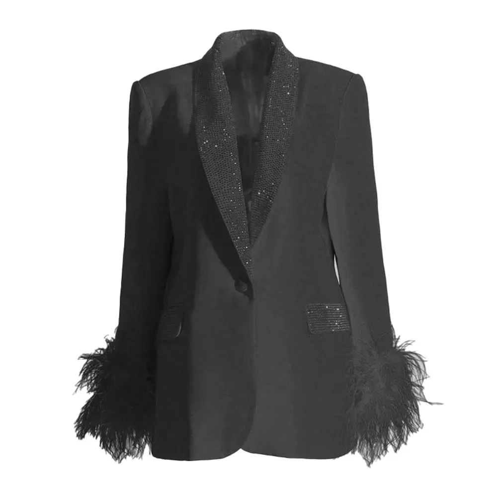 Casual Spliced Feather Blazers For Women Shawl Collar Long Sleeve Chic Elegant Blazer Female Fashion Clothing