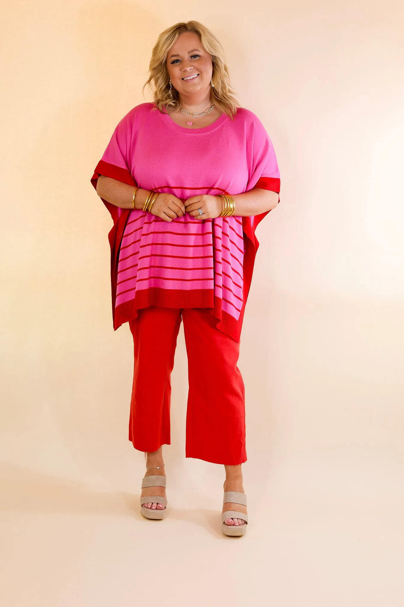 Casual to Chic Short Sleeve Striped Poncho Top in Pink and Red