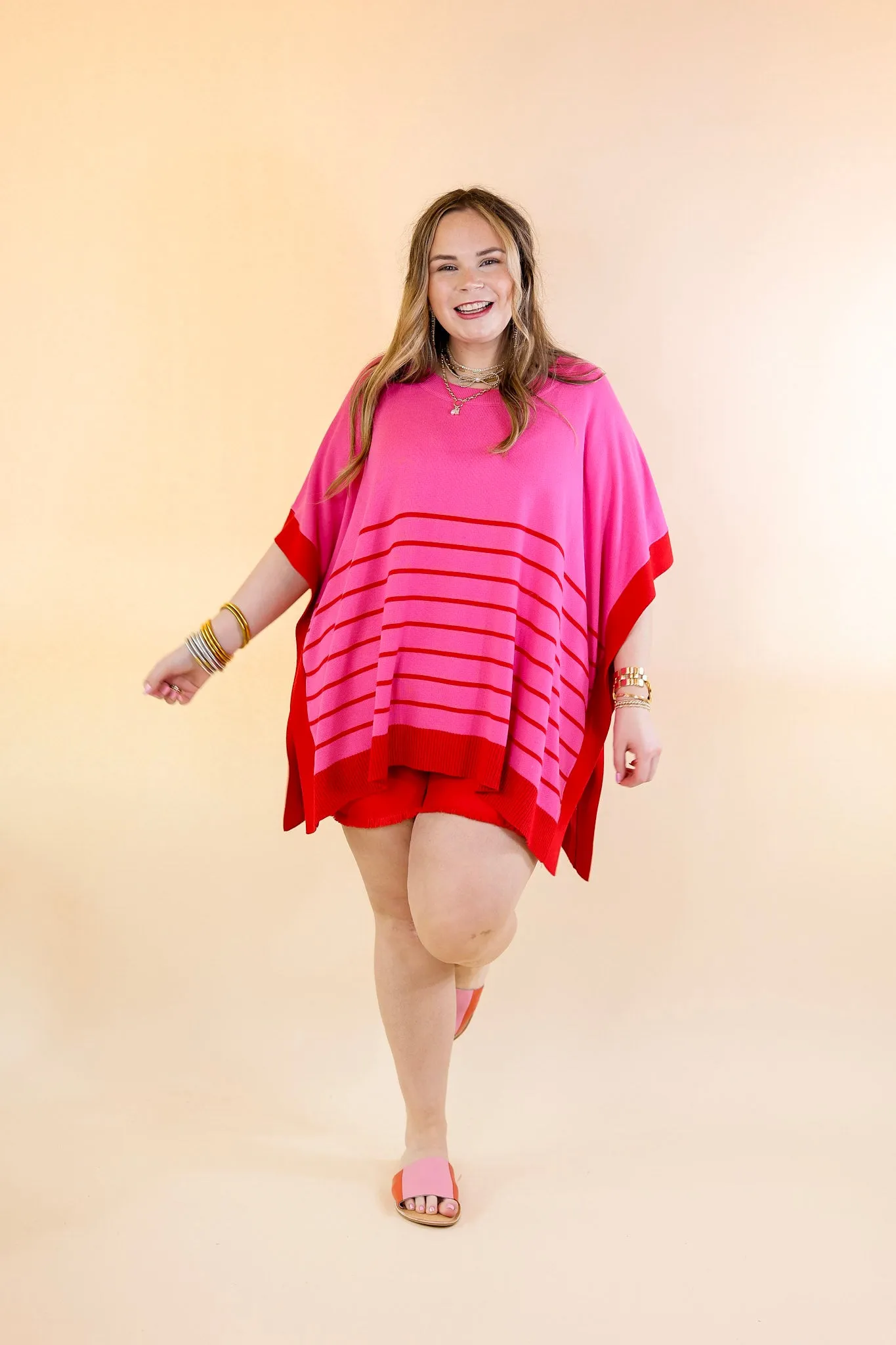 Casual to Chic Short Sleeve Striped Poncho Top in Pink and Red