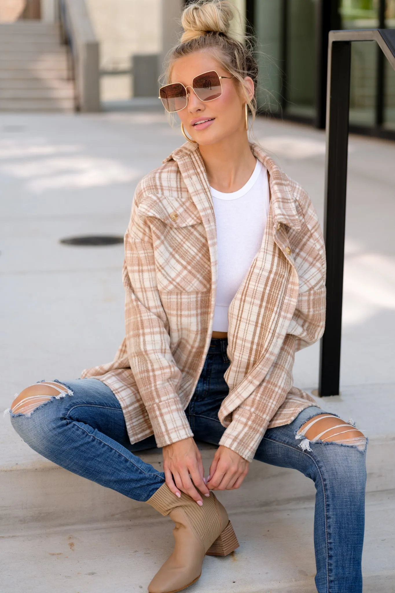 Casually Cozy Camel Multi Plaid Shacket