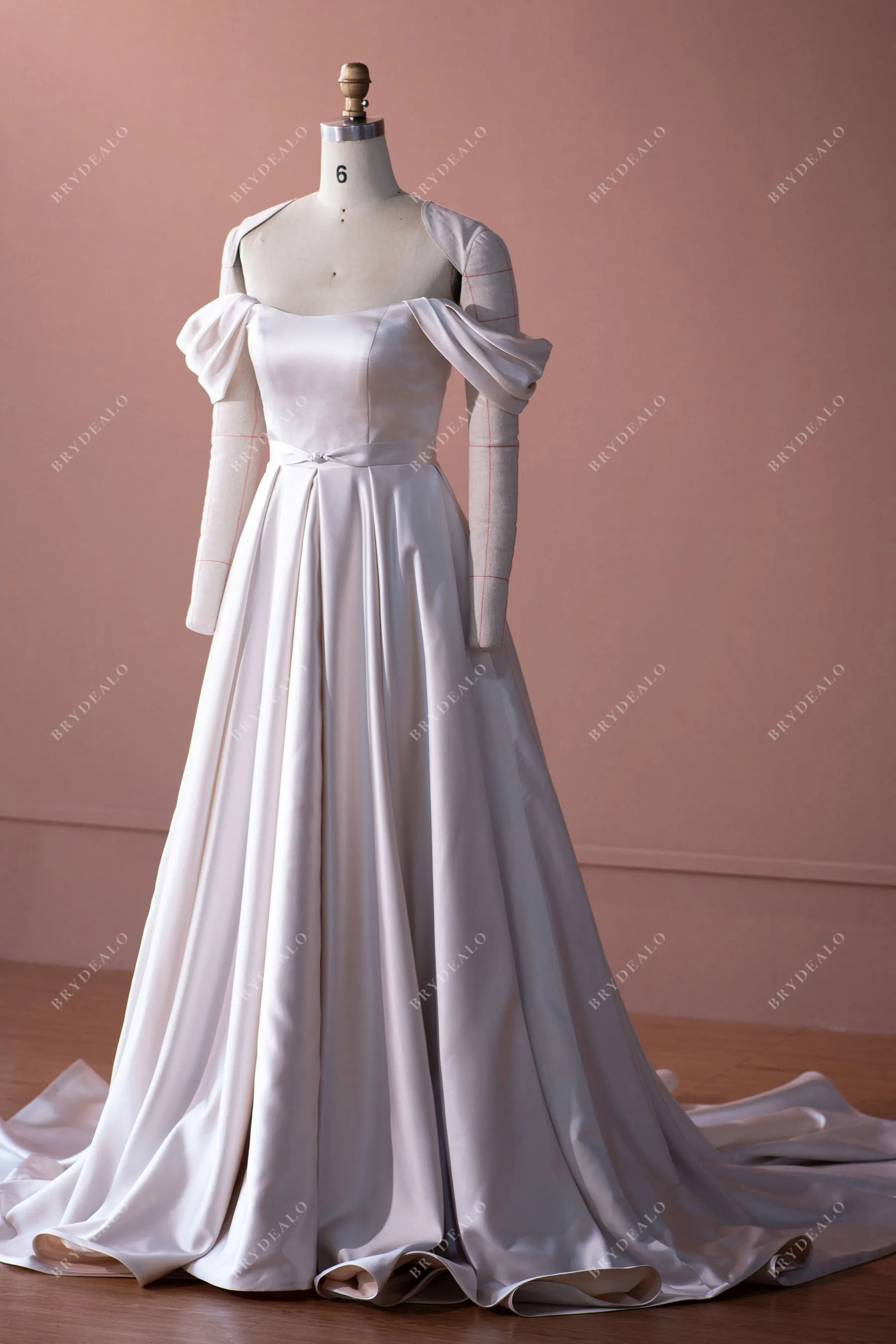 Champagne Elegant Off Shoulder Designer Satin A-line Wedding Dress