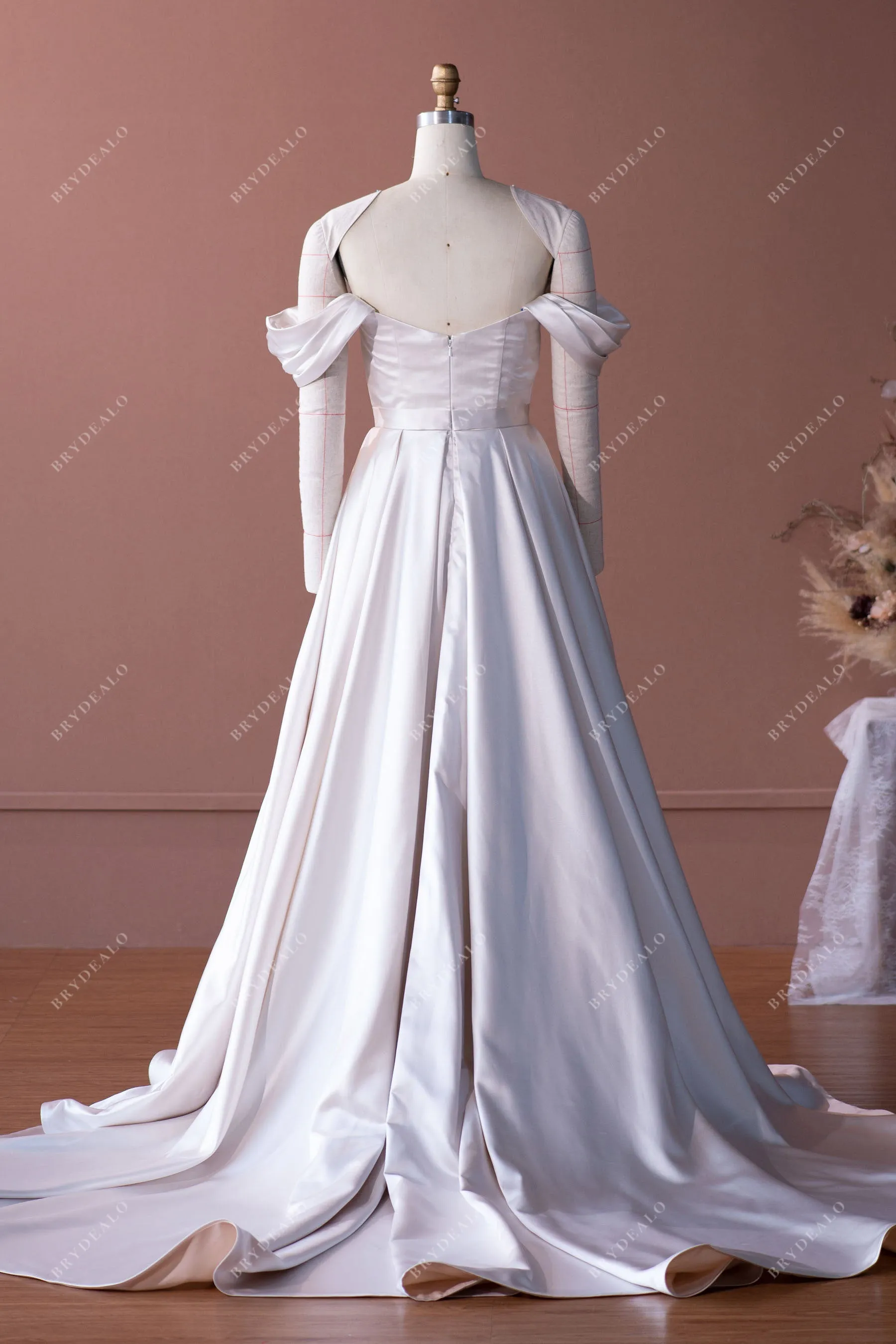 Champagne Elegant Off Shoulder Designer Satin A-line Wedding Dress