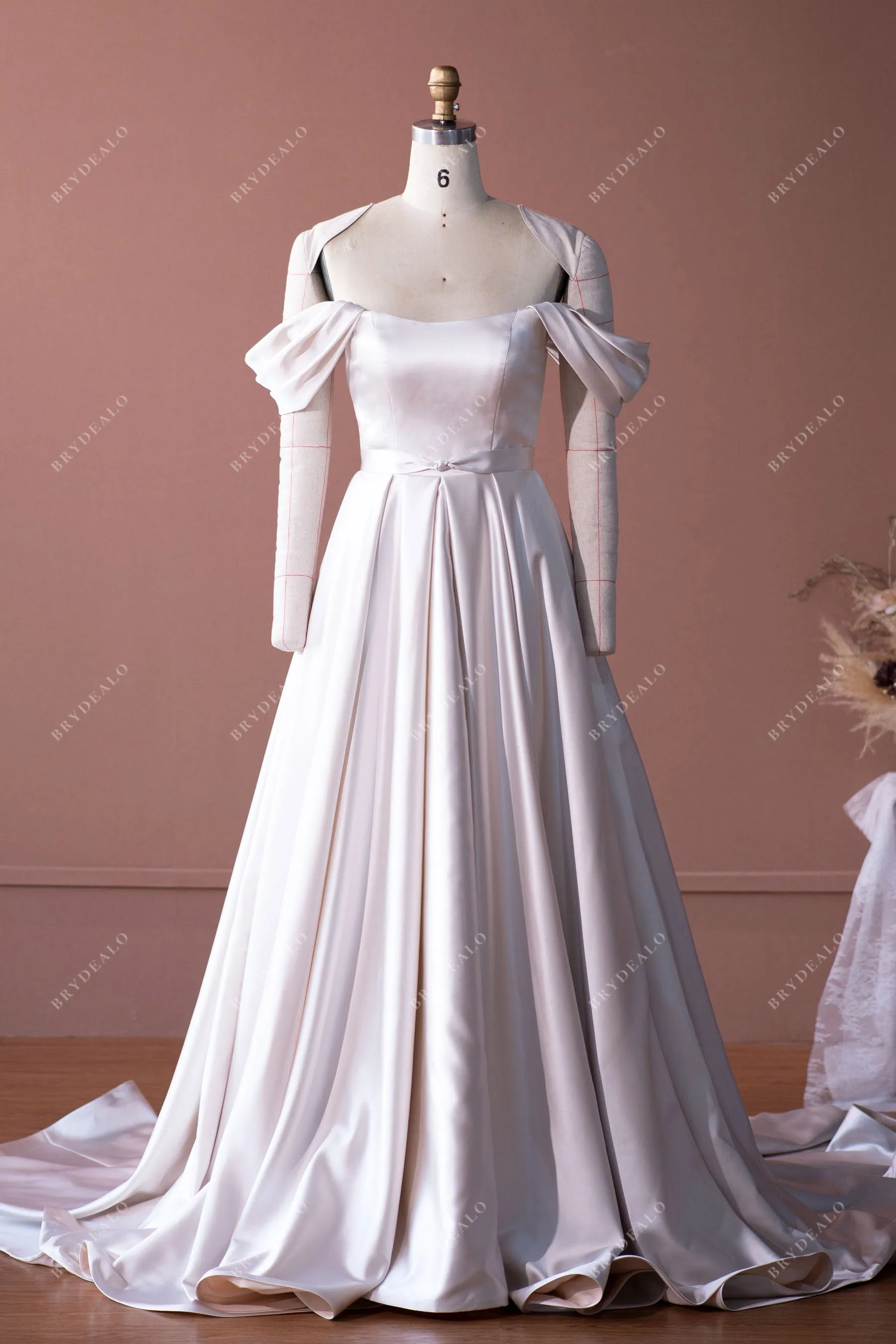 Champagne Elegant Off Shoulder Designer Satin A-line Wedding Dress