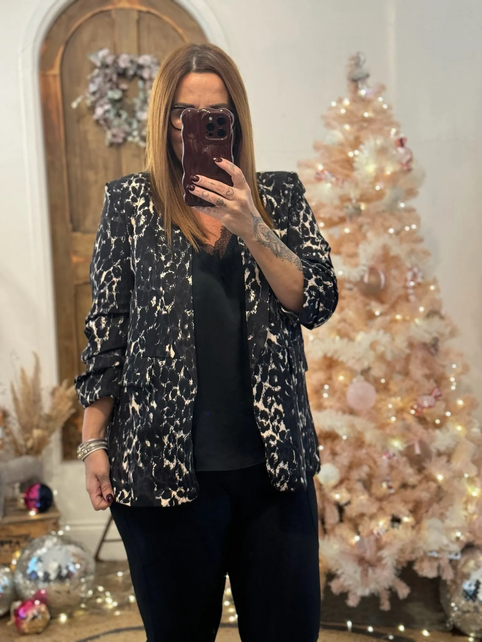 Charcoal Leopard Print Ruched Sleeve Blazer