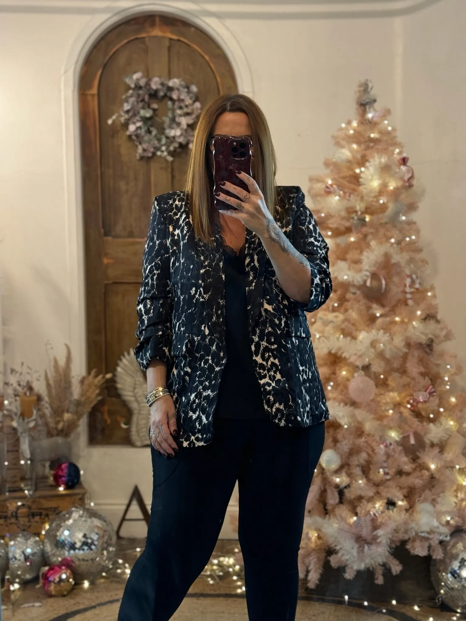 Charcoal Leopard Print Ruched Sleeve Blazer