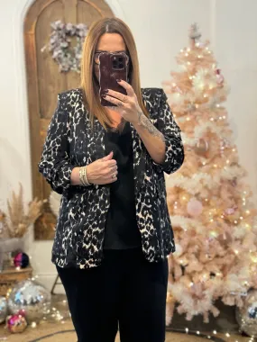 Charcoal Leopard Print Ruched Sleeve Blazer