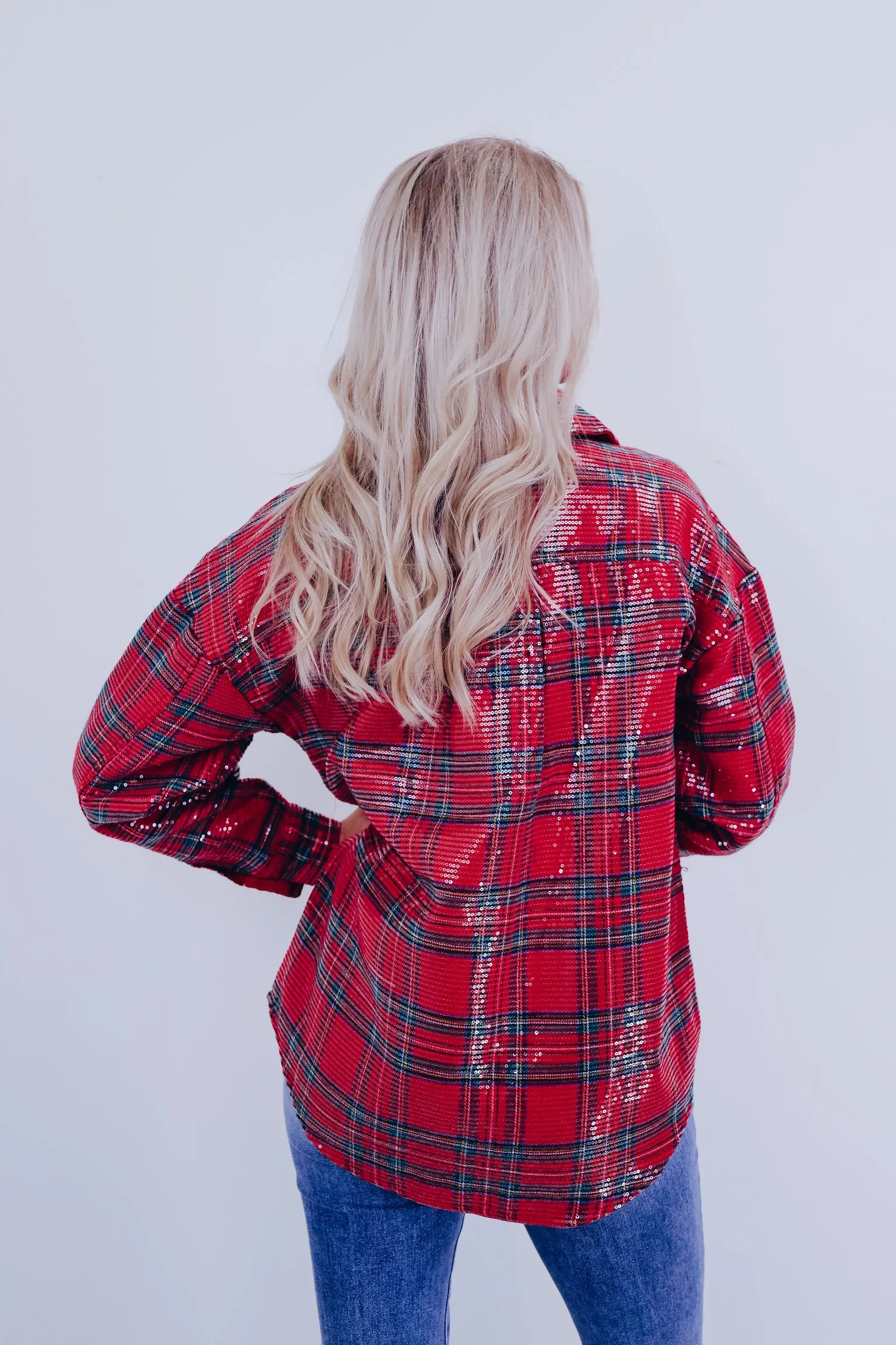 Charismatic Plaid Sequin Shacket - Red/Multi