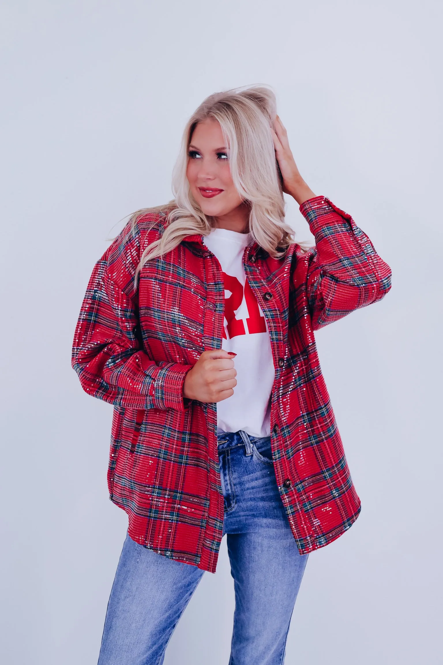 Charismatic Plaid Sequin Shacket - Red/Multi