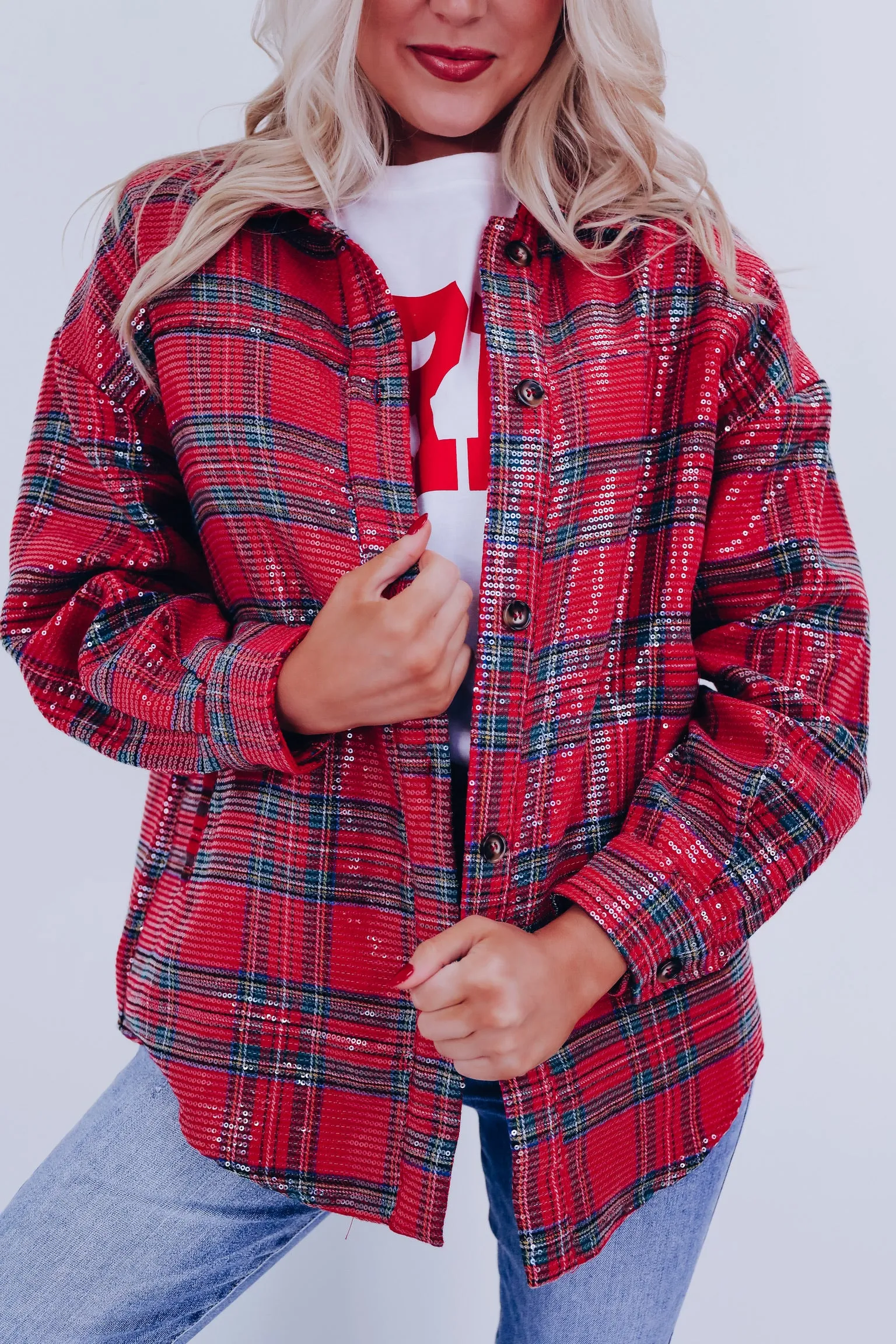 Charismatic Plaid Sequin Shacket - Red/Multi