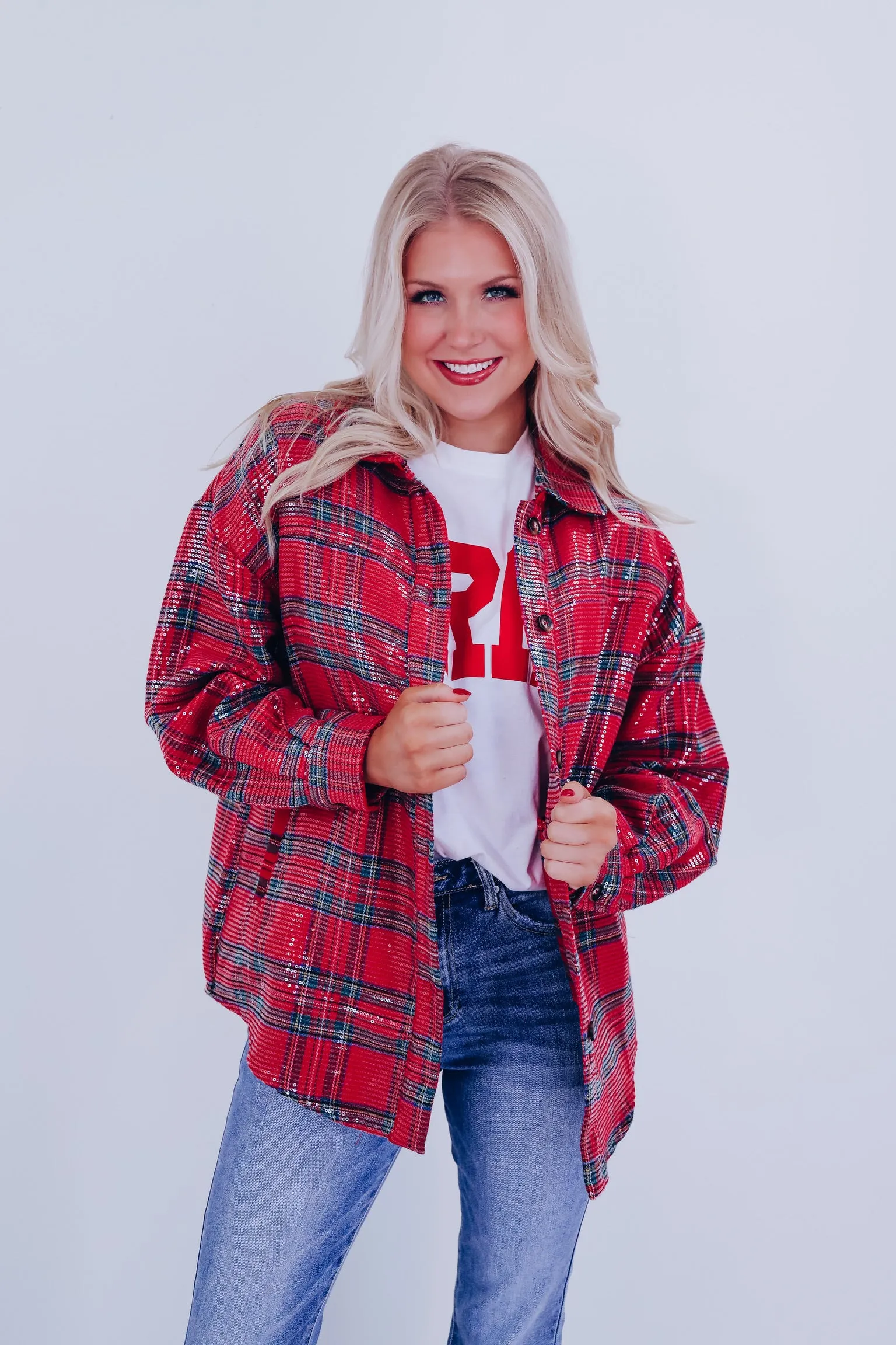 Charismatic Plaid Sequin Shacket - Red/Multi