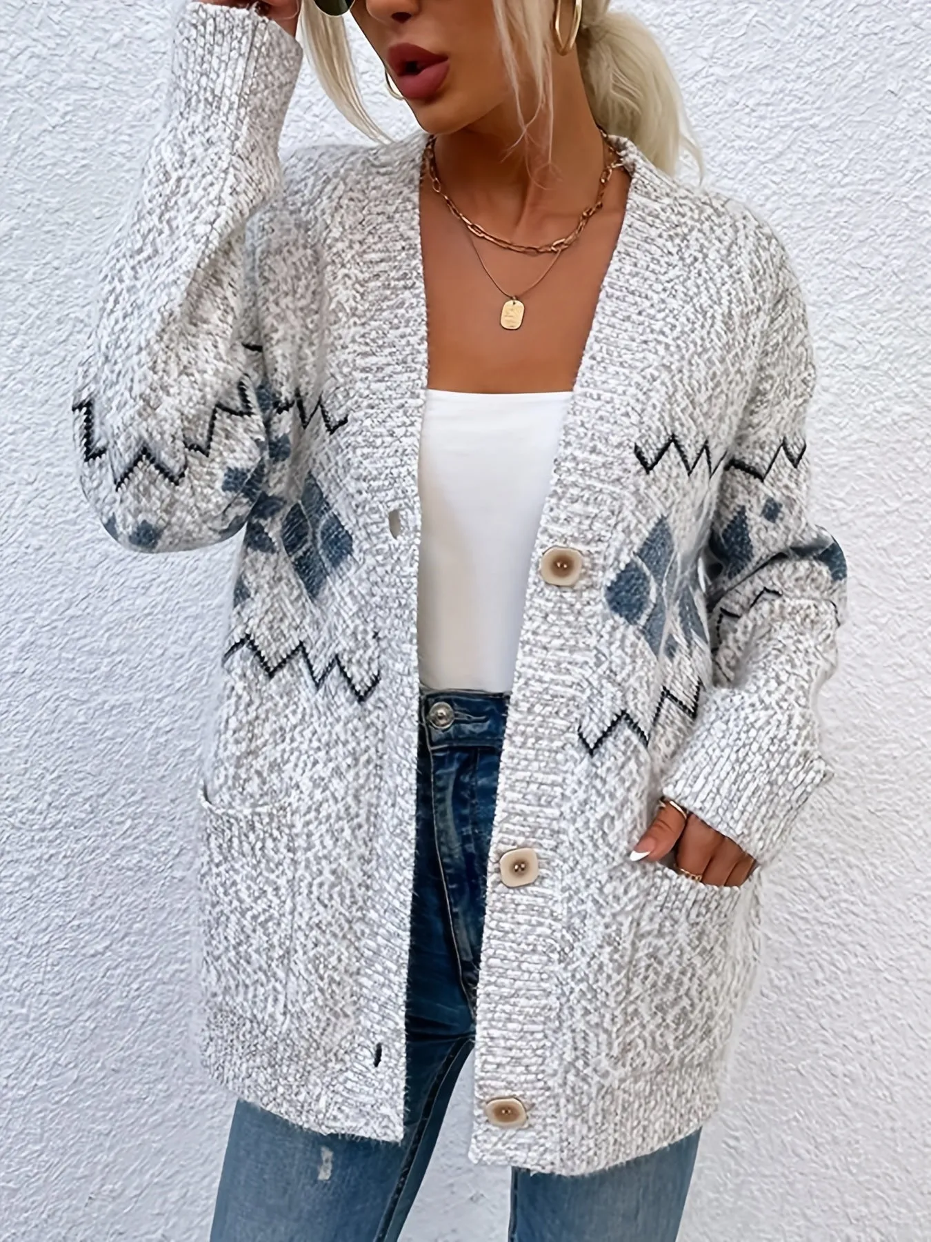 Chic Plus Size Geo Print Cardigan with Pockets