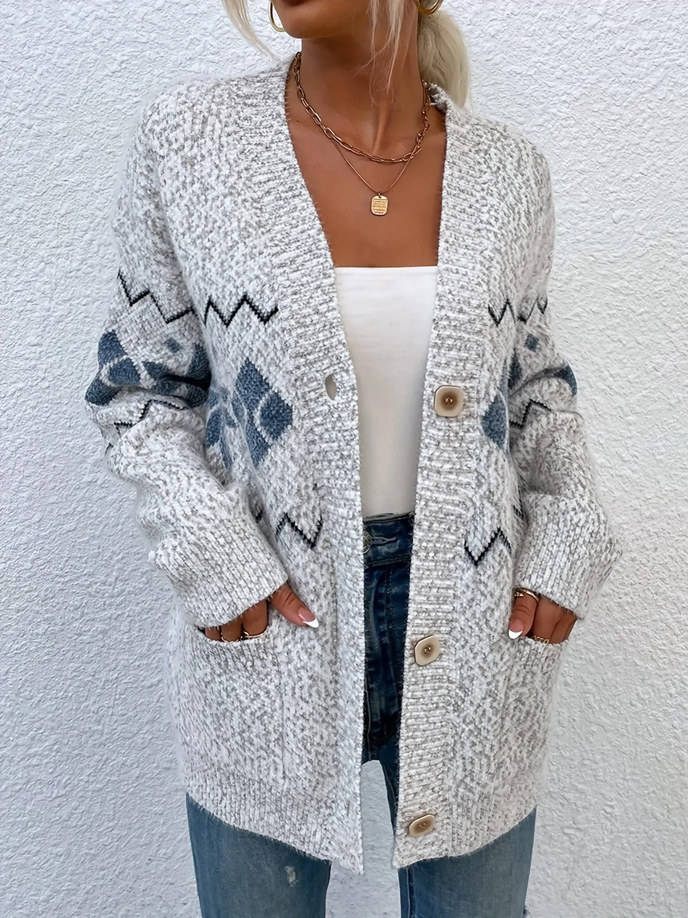 Chic Plus Size Geo Print Cardigan with Pockets