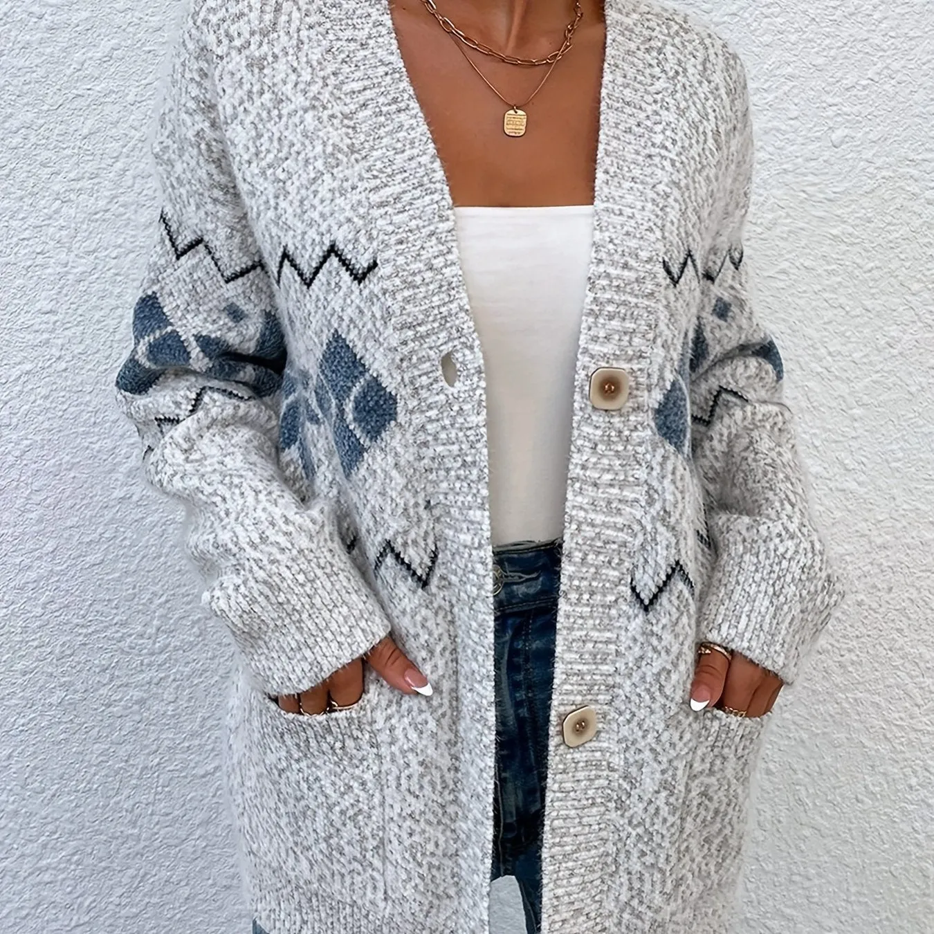 Chic Plus Size Geo Print Cardigan with Pockets